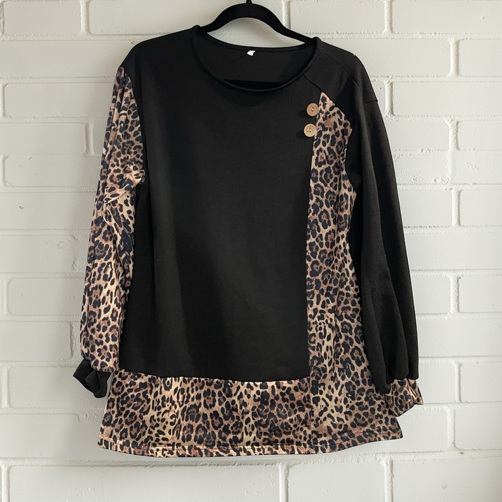 Leopard Colorblock Tunic Top L Black Brown Animal Print Boutique Chic